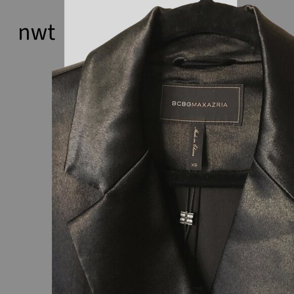 NEW NWT Black BCBGMAXAZRIA Satin Trench Coat with Lace Bottom, SZ XS - Picture 3 of 7